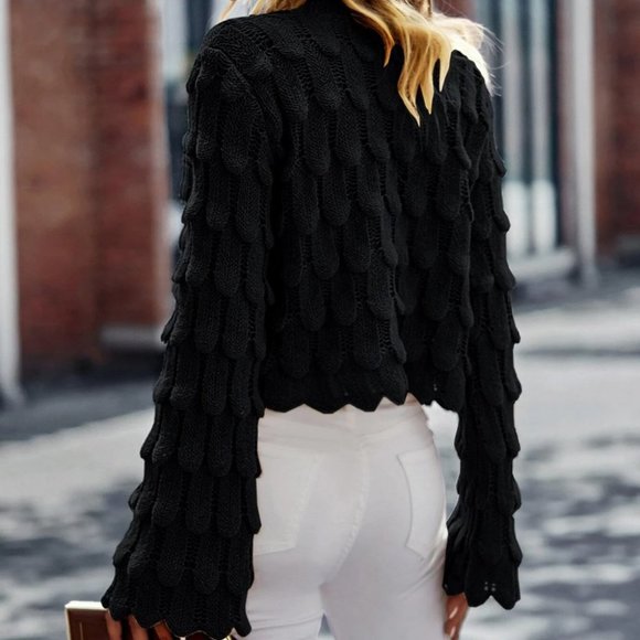 Preppy Womens Mock Neck Trumpet Sleeve Textured Knit Sweater grayish black - Picture 2 of 5